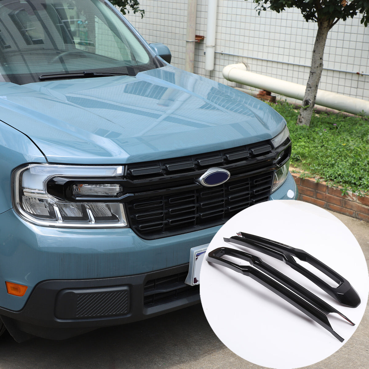 Glossy Black Front Bumper Grille Cover +Logo Ring For Ford Maverick 22-24 US 4