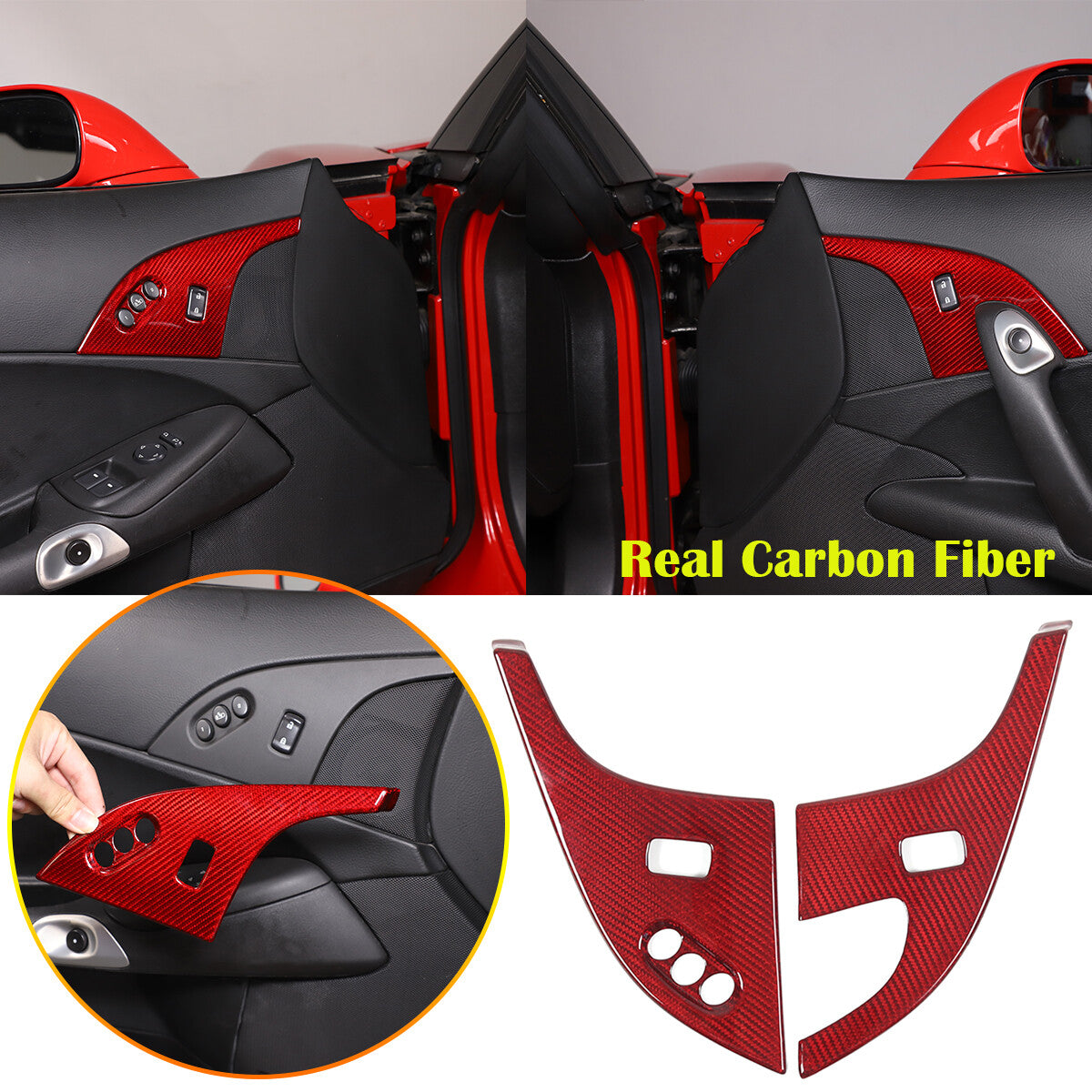 Red Real Carbon Fiber Interior Door Lock Panel Trim For Corvette C6 2005-2013 1