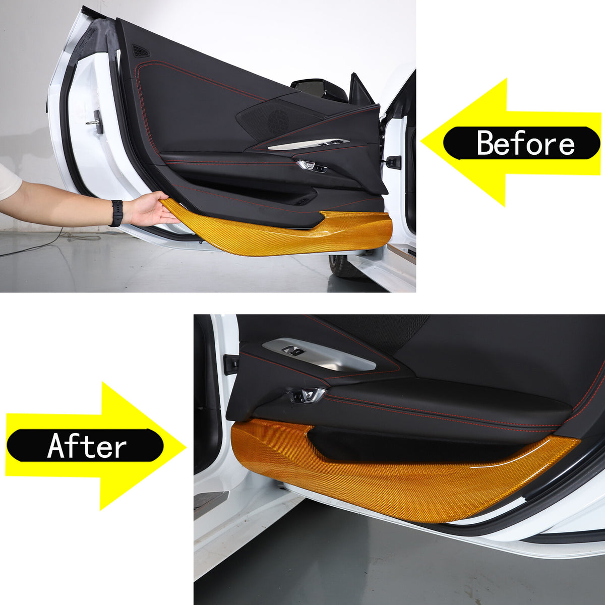 Yellow Carbon Fiber Interior Door Anti-kick Panel Cover Trim For Corvette C8 20+ 3