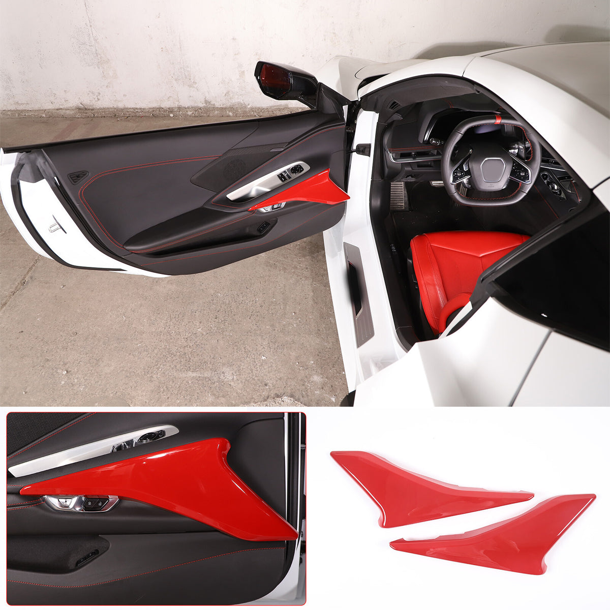 Red ABS Interior Door Panel Decor Cover Trim For Corvette C8 2020-2026 4
