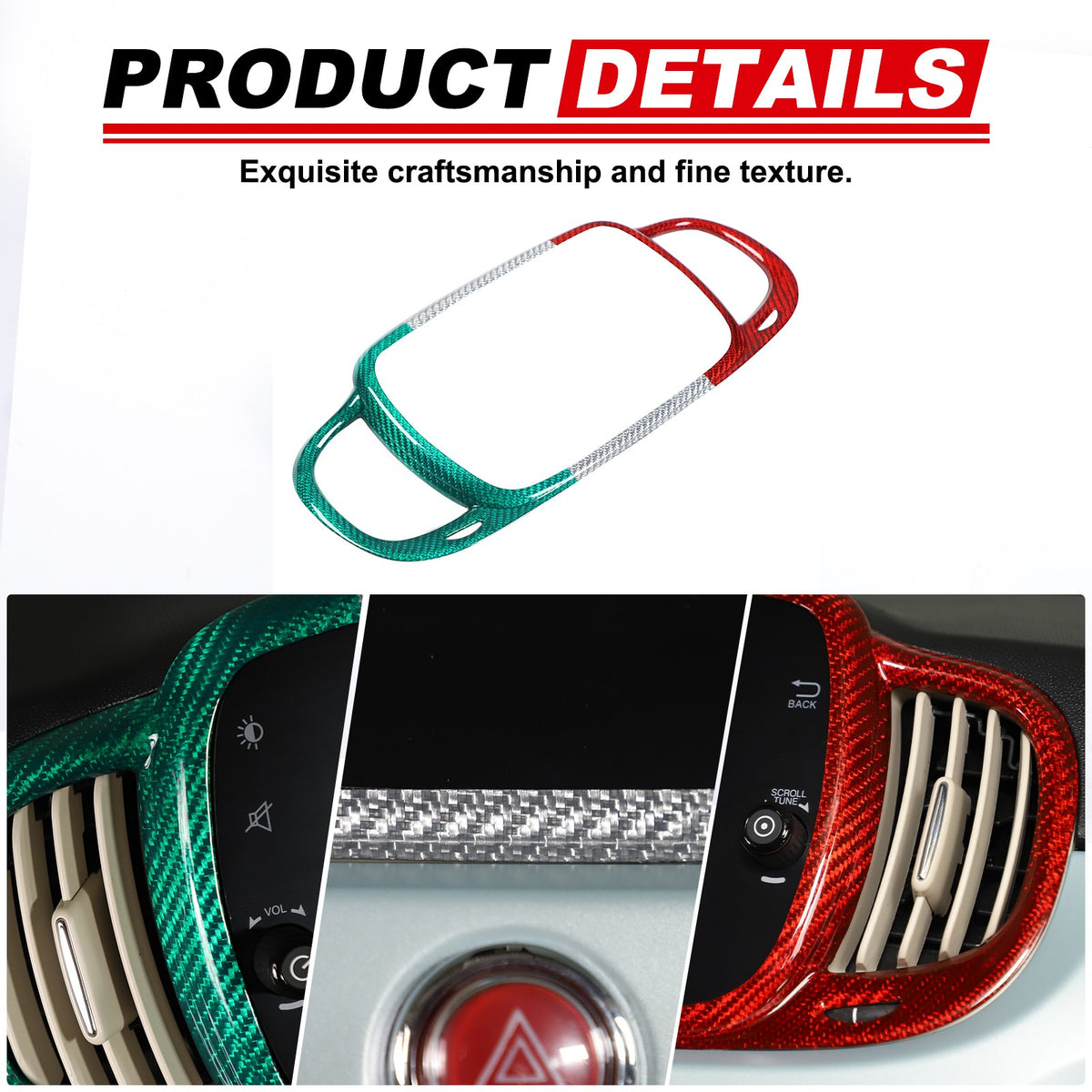 Tri-Color Real Carbon Fiber Dashboard Air Vent Trim For Fiat 500 312 2016+ 19