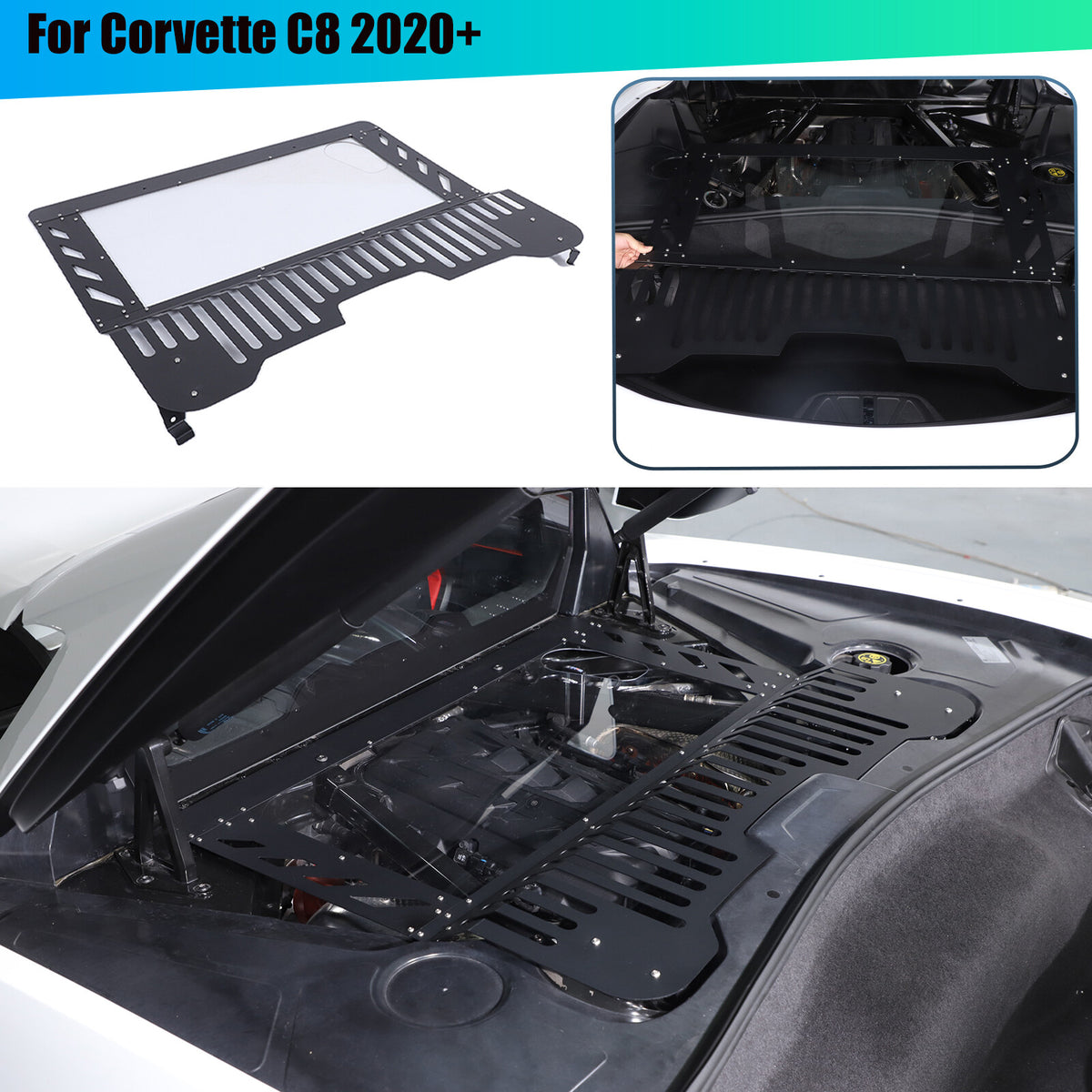 Black Aluminum Engine Hood Transparent Panel Cover Trim For Corvette C8 20+ 1