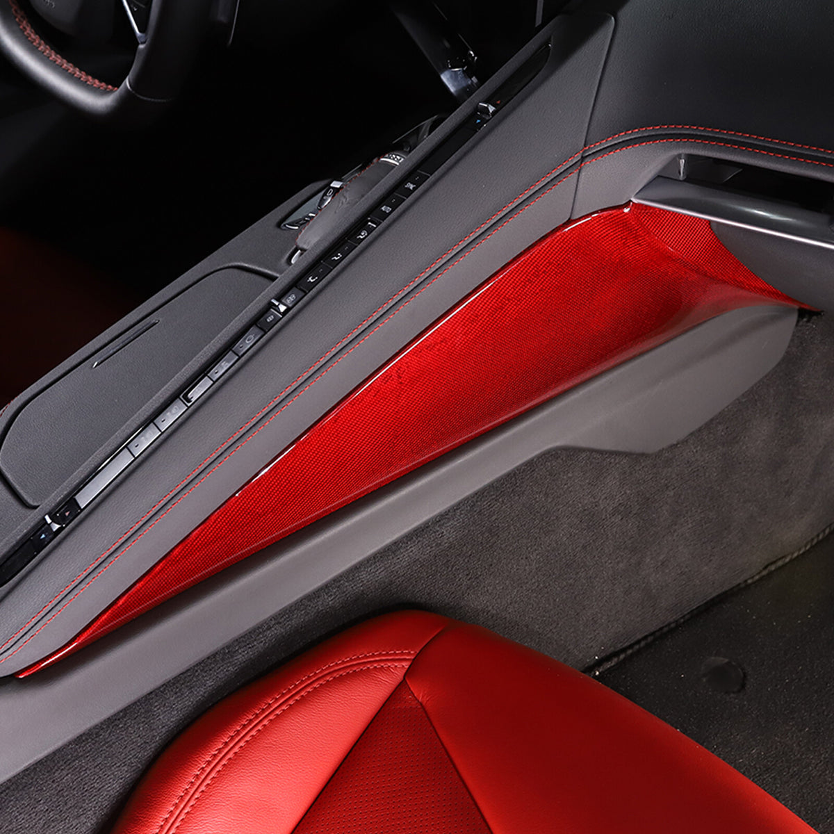 Red Real Carbon Fiber Center Console Side Knee Pad Trim For Corvette C8 2020-25 8
