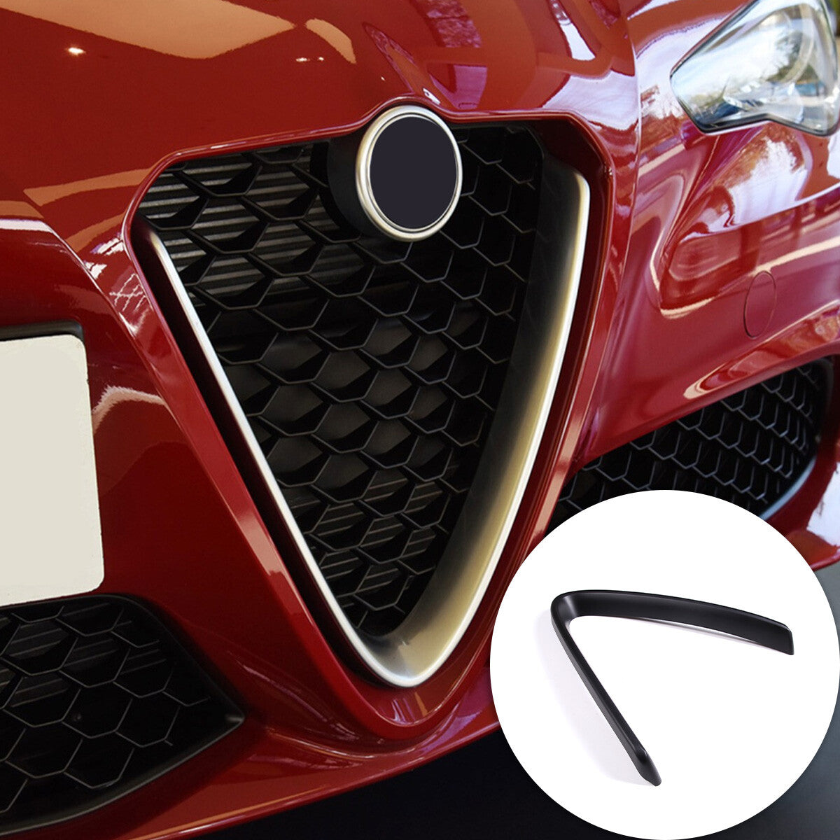 Matte Black Front Grille V Shape Cover+Logo Ring Trim for Alfa Romeo Giulia 17+ 4