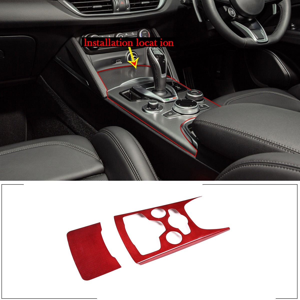 Red Real Carbon Fiber Large Gear Shift Panel Trim For Alfa Romeo Stelvio 2020-23 3