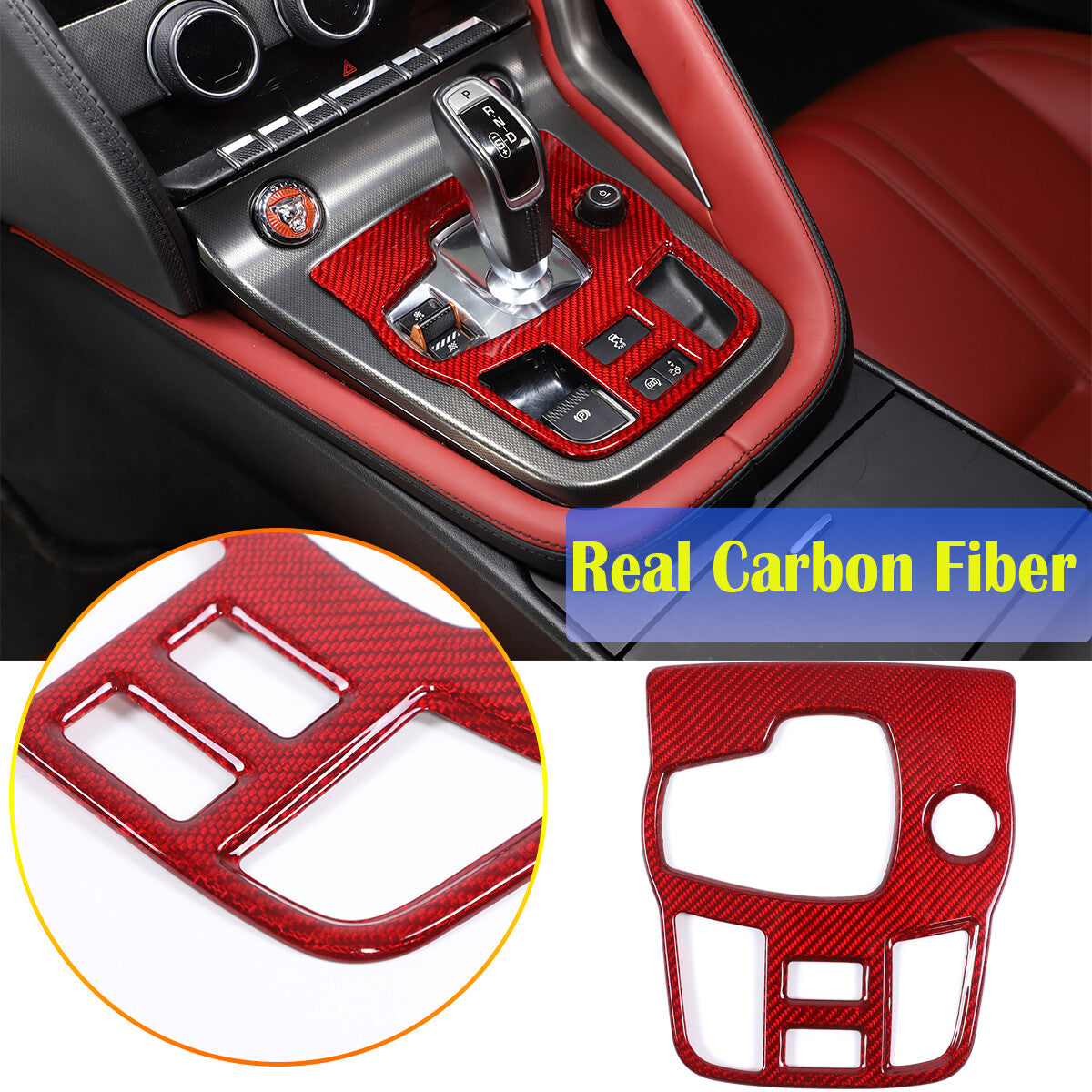 Red Carbon Fiber Center Console Gear Shift Cover Trim For 2013-22 Jaguar F-TYPE 1