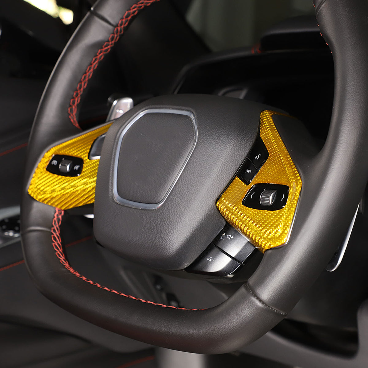 Yellow Carbon Fiber Steering Wheel Button Cover Trim For Corvette C8 20-26 1