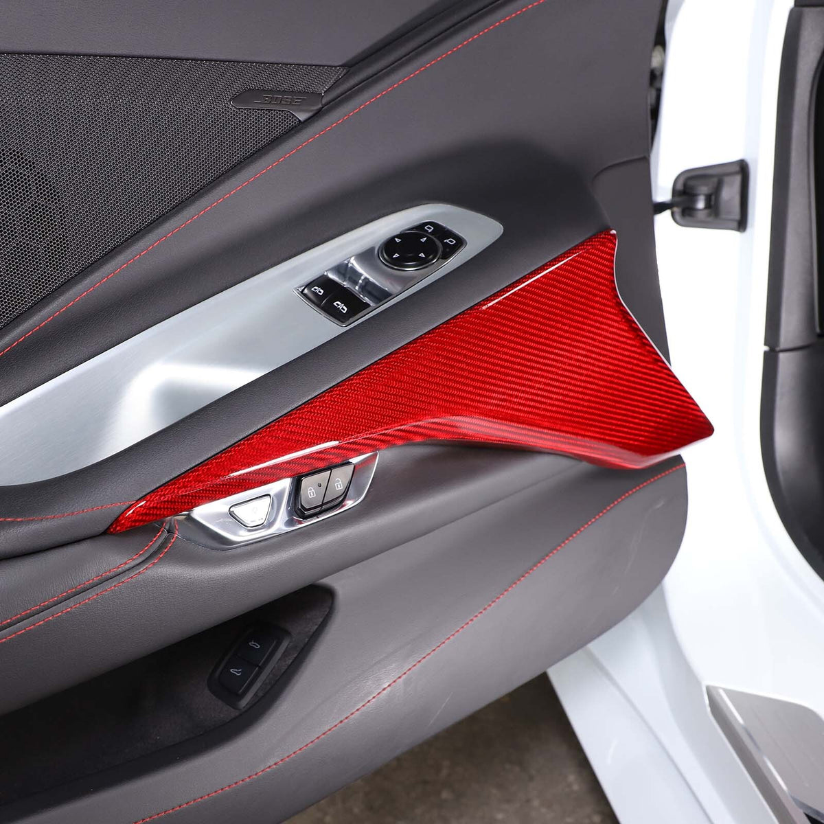 Red Real Carbon Fiber Interior Door Armrest Panel Trim Cover for Corvette C8 20+ 2