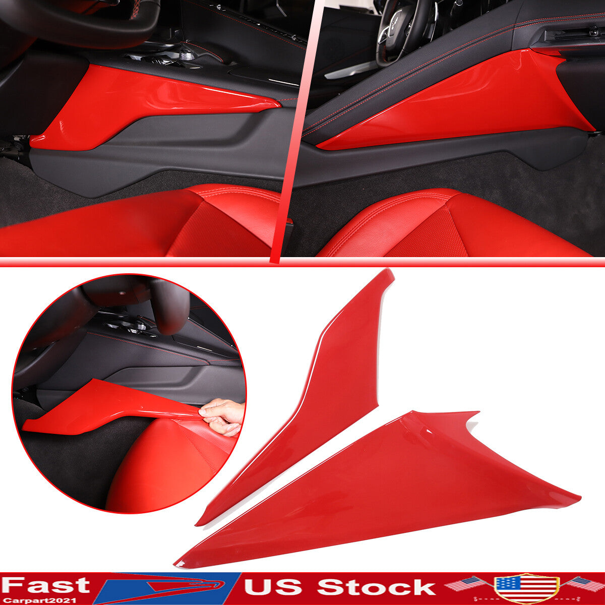 Red ABS Center Console Side Panel Trim Cover Fits For 2020-2025 Corvette C8 US 1