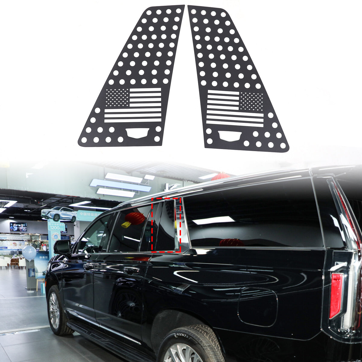 Black US Flag Alloy Window Center Pillar Trim For Cadillac Escalade 2021-2025 2